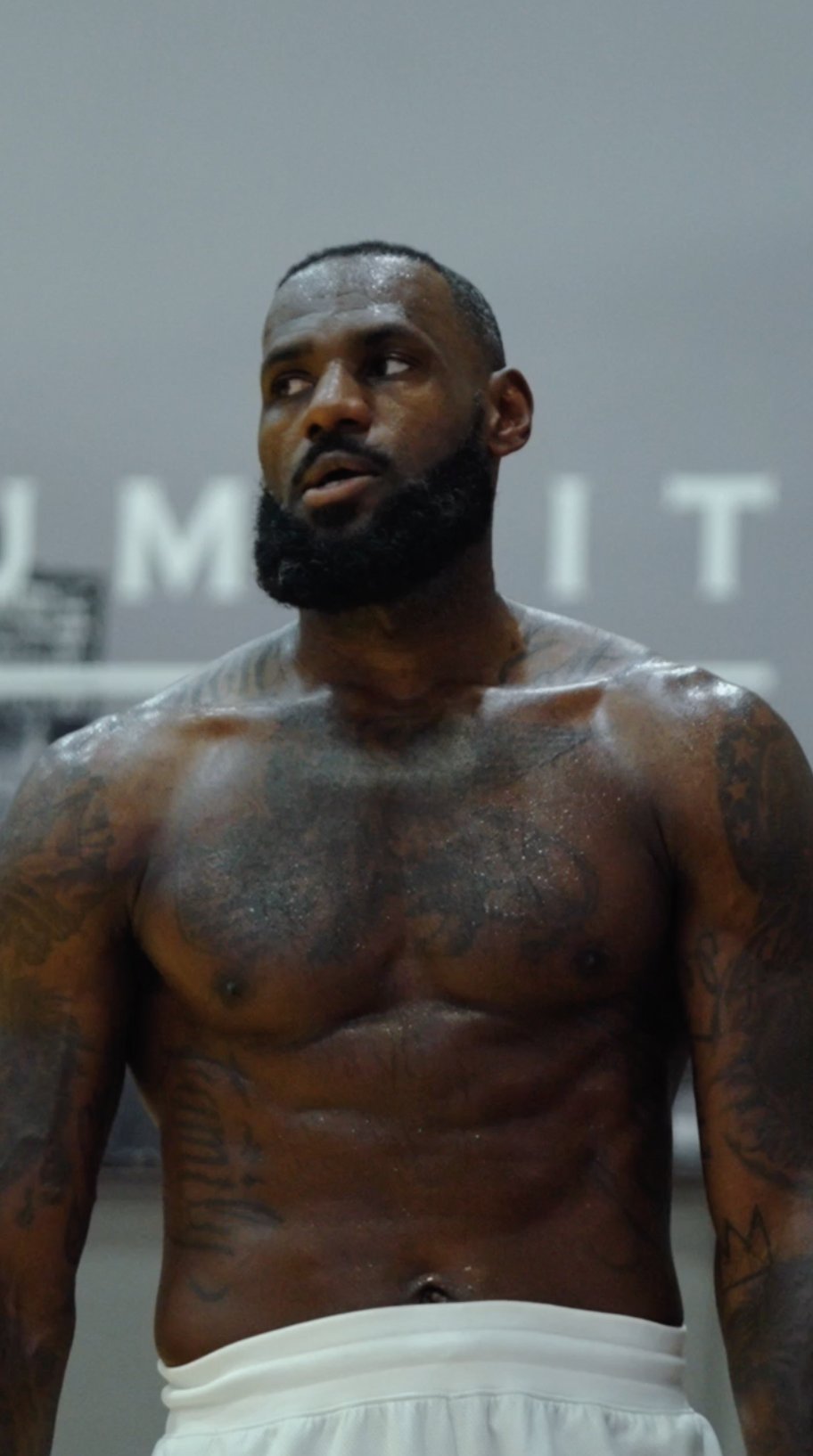 LeBron James shirtless portrait at the Summit gym
