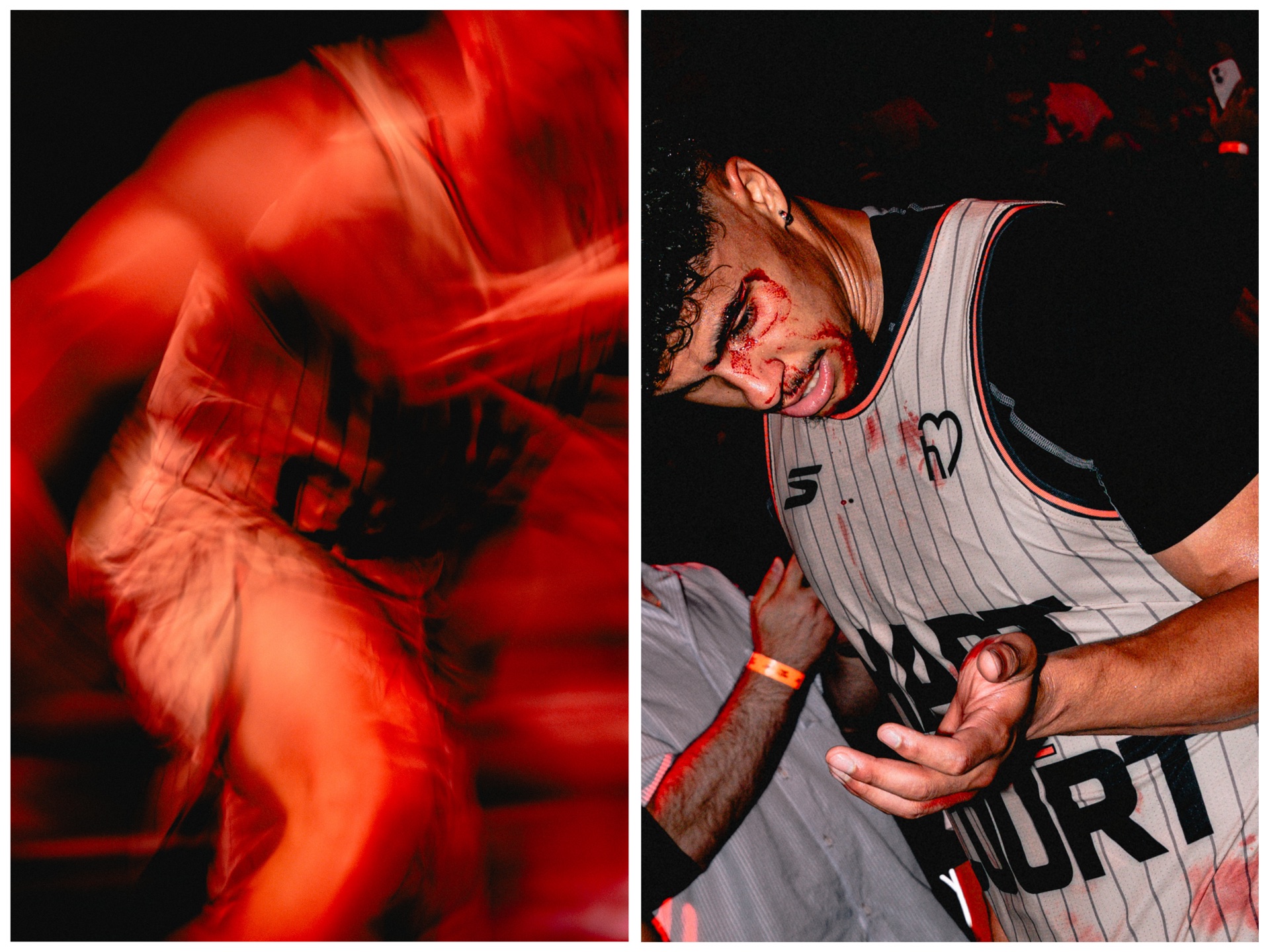 Diptych: motion-blurred red-lit action shot and a close-up of a bloodied player in his jersey