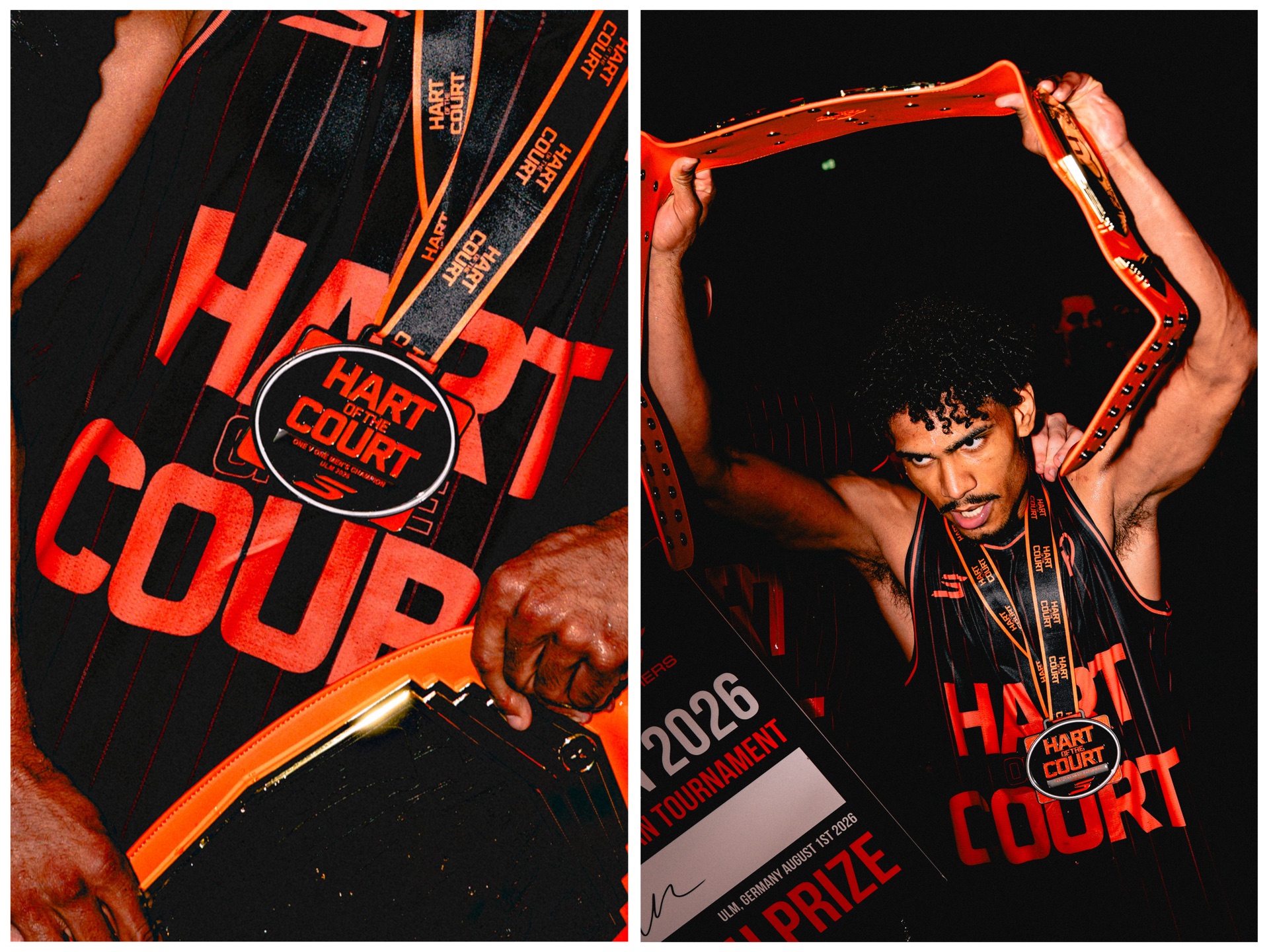 Diptych: close-up of a championship medal and a player hoisting a title belt overhead
