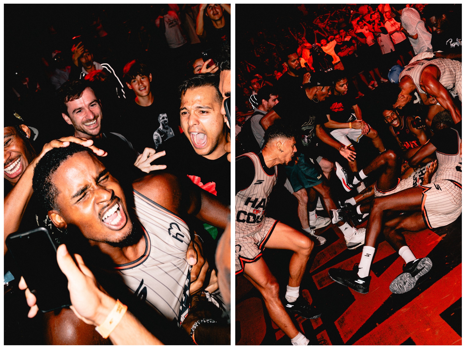 Diptych: fans crowding in close for a photo, players celebrating in a pile on the court