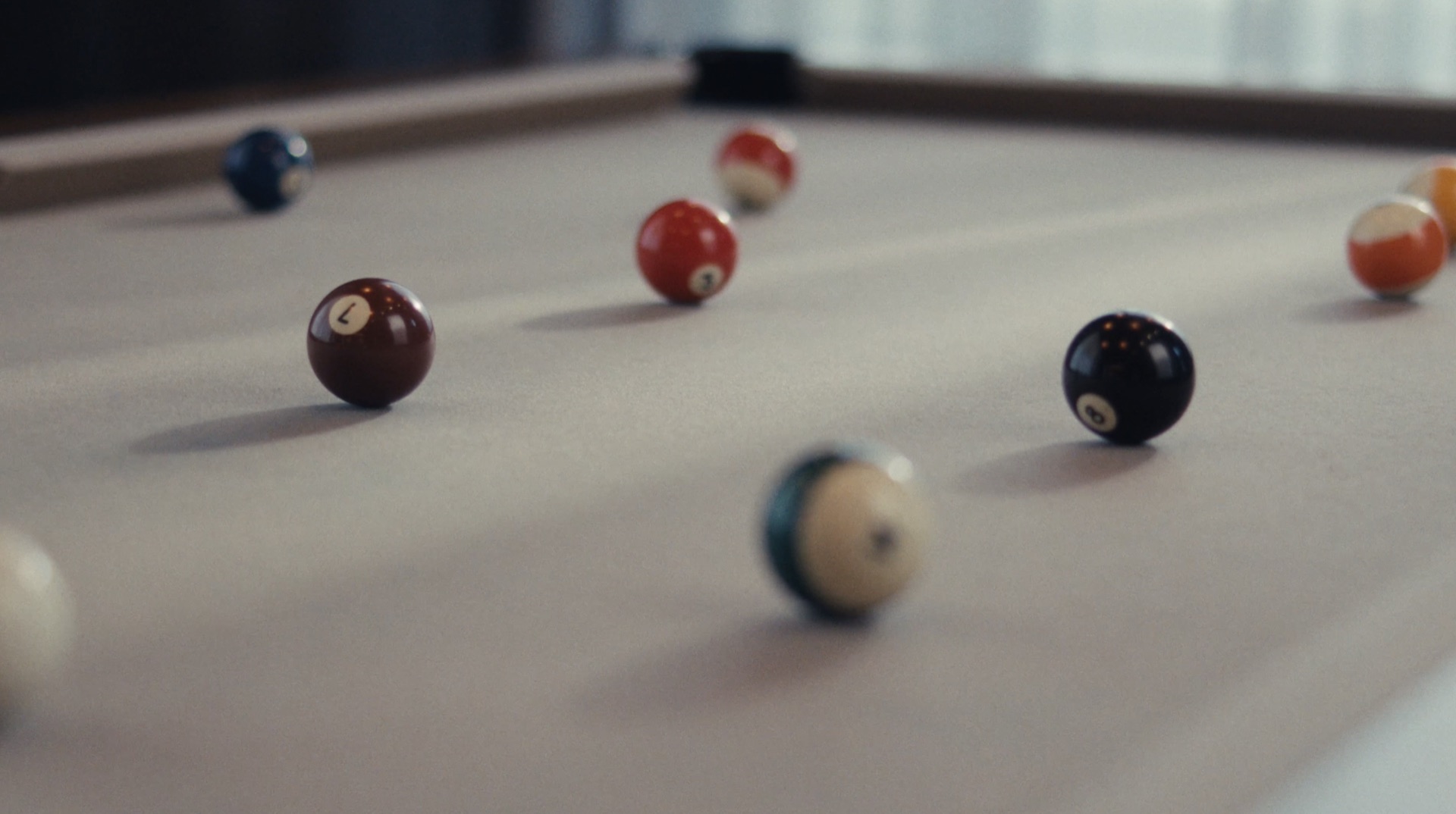 Close-up of billiard balls at rest on the table